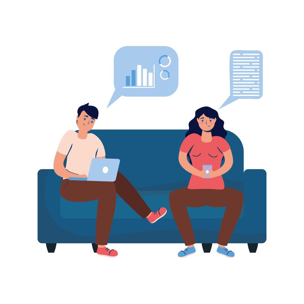 young couple using smartphone and laptop on sofa vector