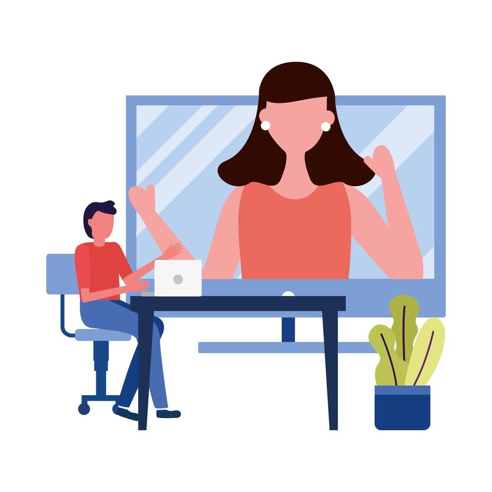 young couple using video call technology on laptop and desktop vector