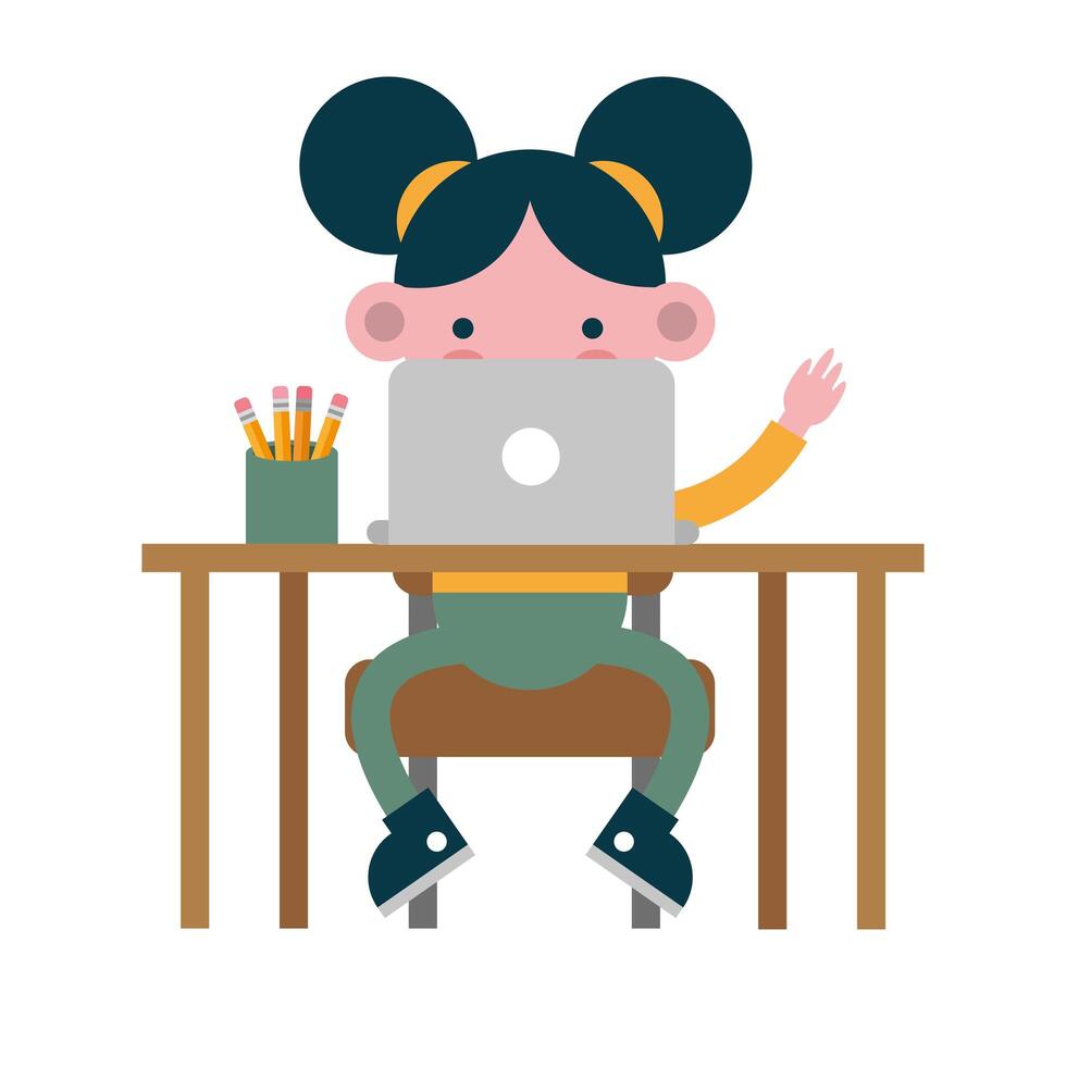 little student girl using laptop at school desk vector