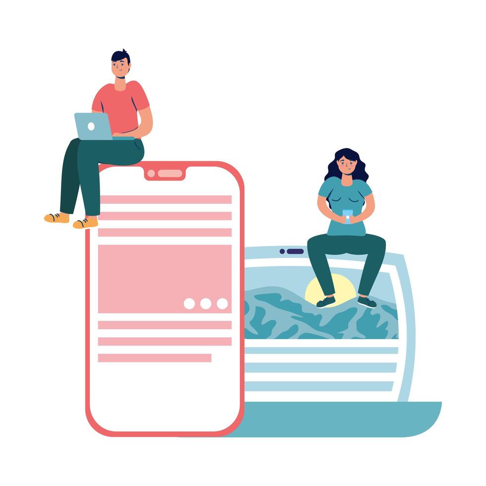 young couple using smartphone and laptop vector