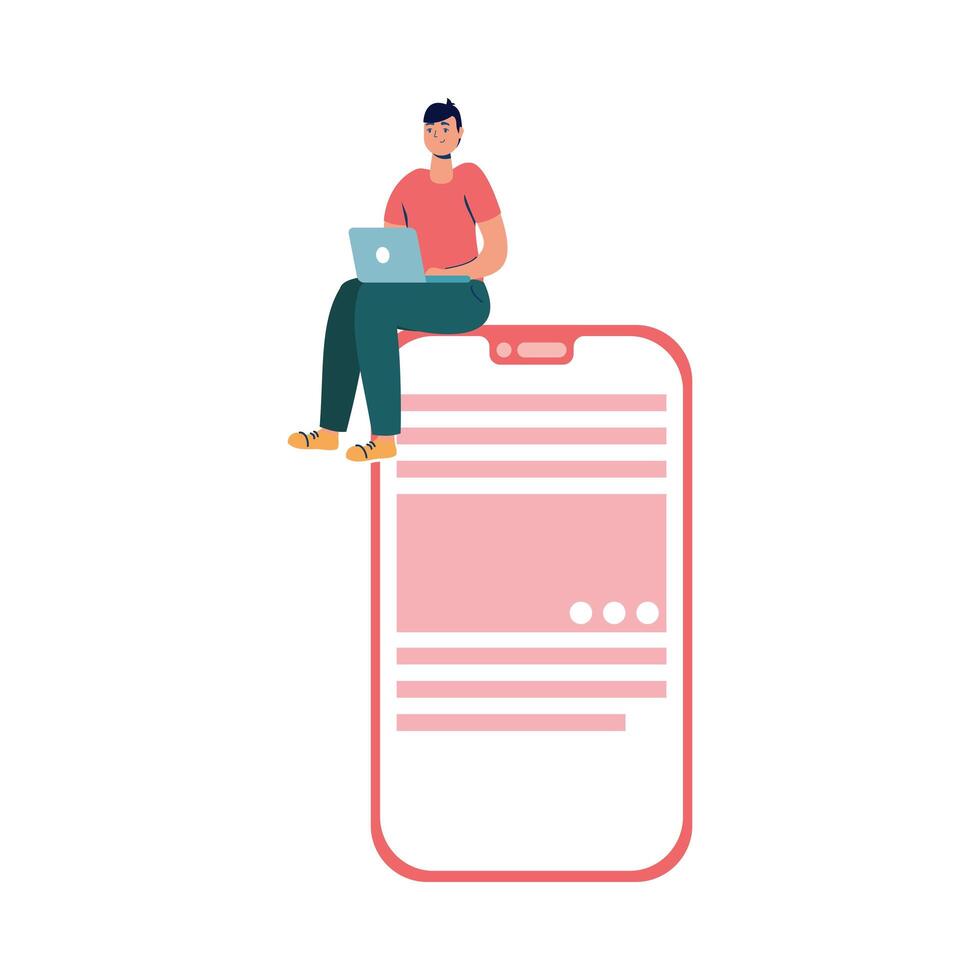 young man sitting on a smartphone using a laptop vector