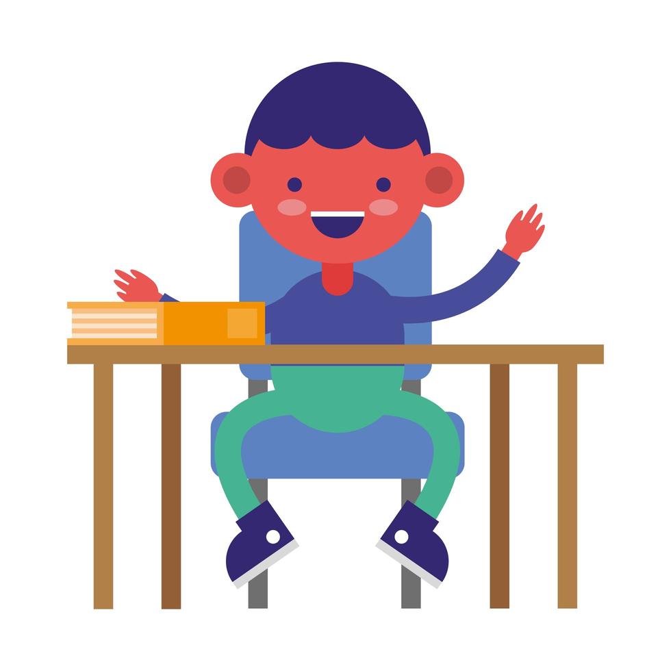 little student boy in desk with book vector