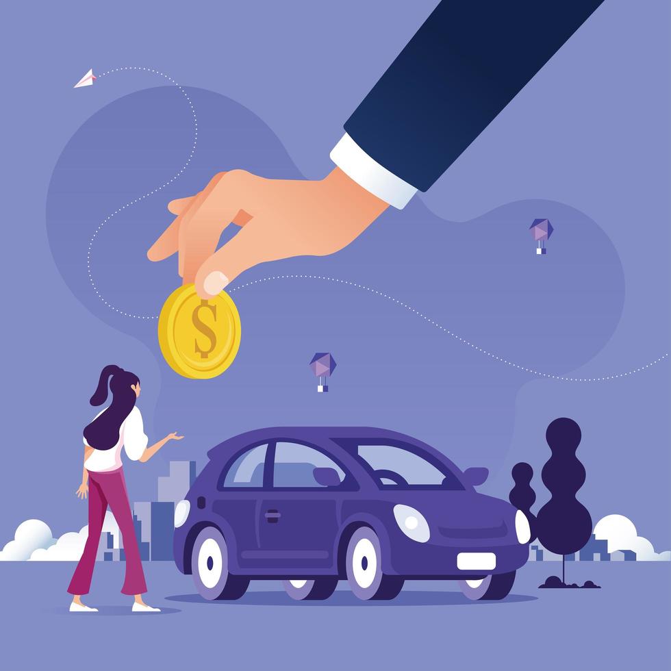 Big hand of agent holding coin to buy car from woman-Car rental or sale concept vector