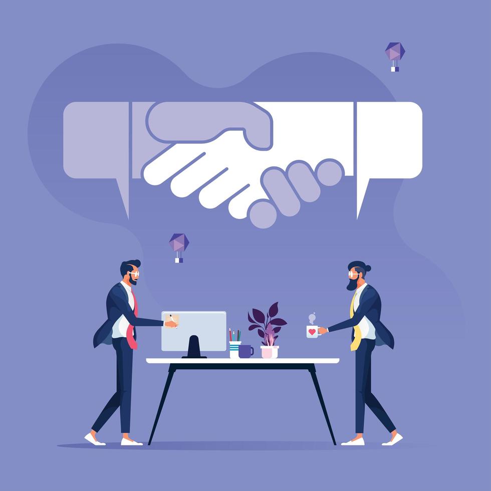 Two businessman talk to complete the deal with speech bubble shape hand shake-Business agreement concept vector