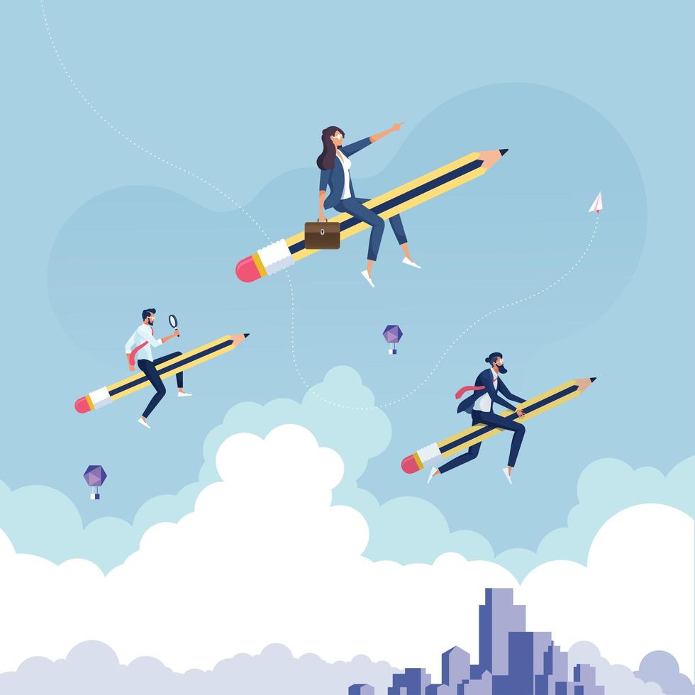 Planning leader business concept as a business group on a giant pencil with harness guiding a group of followers vector