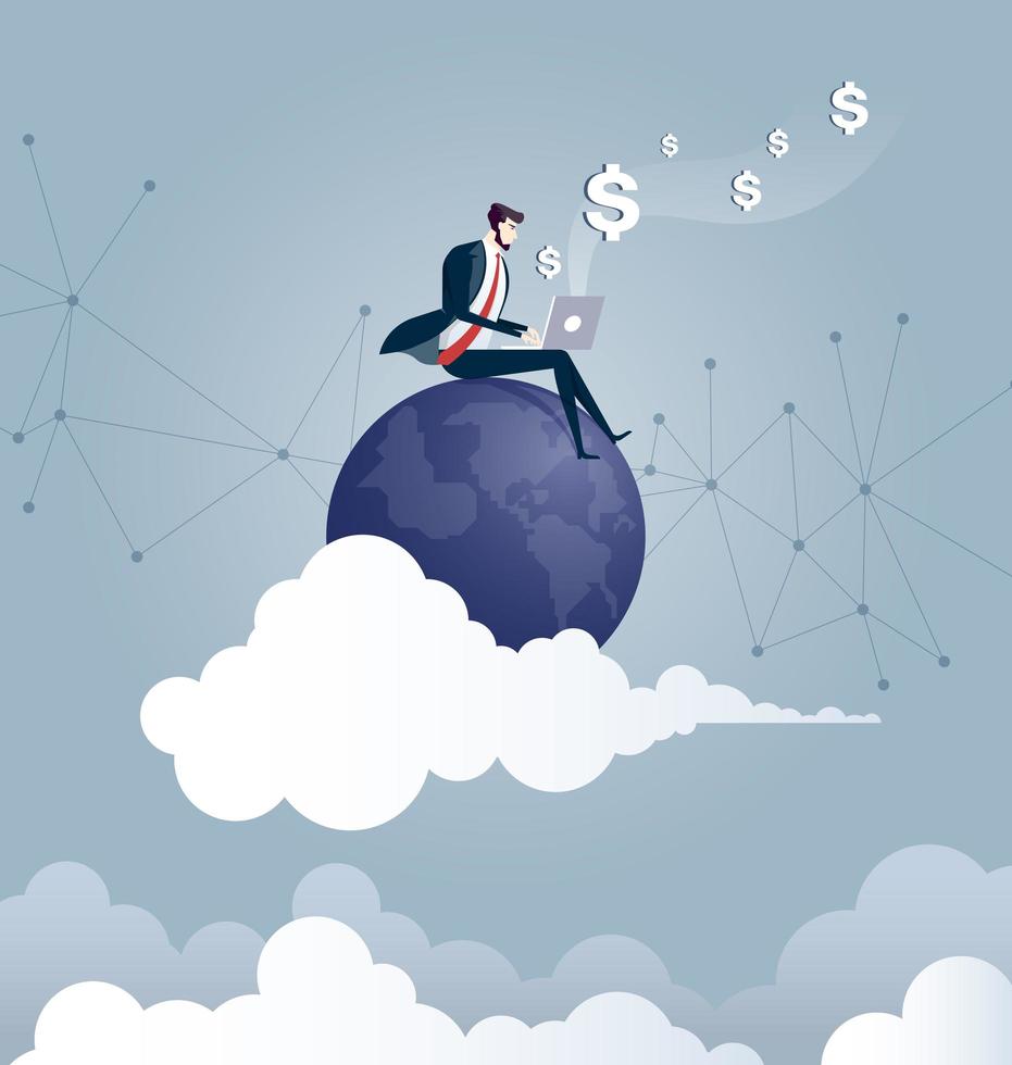 Working online business concept with business man sitting on globe vector