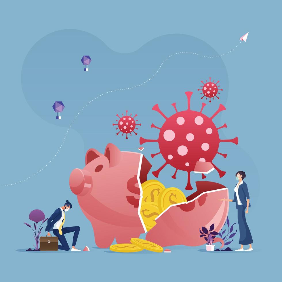 Broken piggy bank by Coronavirus COVID-19 pandemic crash-Economical crash concept vector