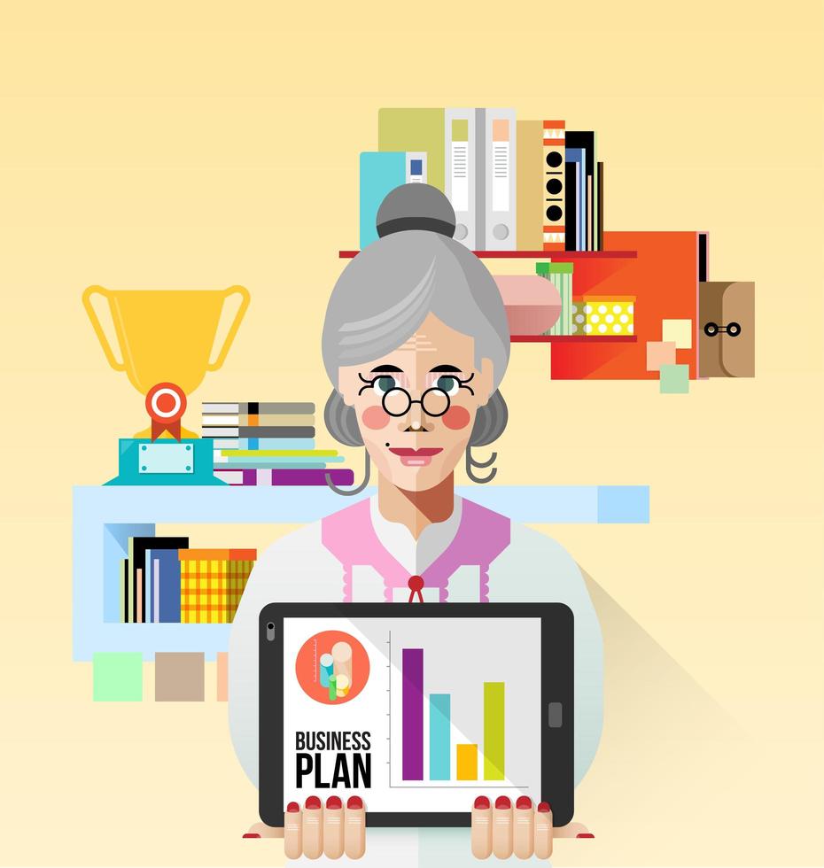 vieja mujer de negocios con vector de tableta