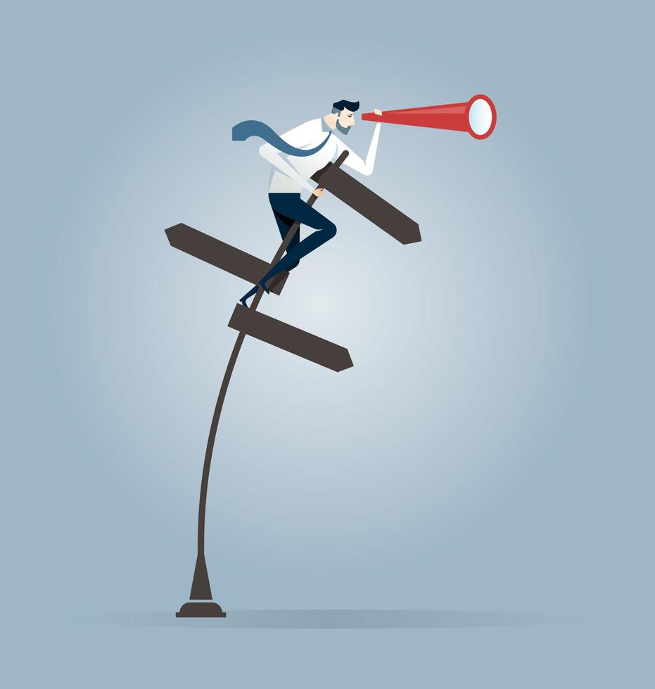 Businessman holding telescope on a crossroad sign - Business Vision concept vector