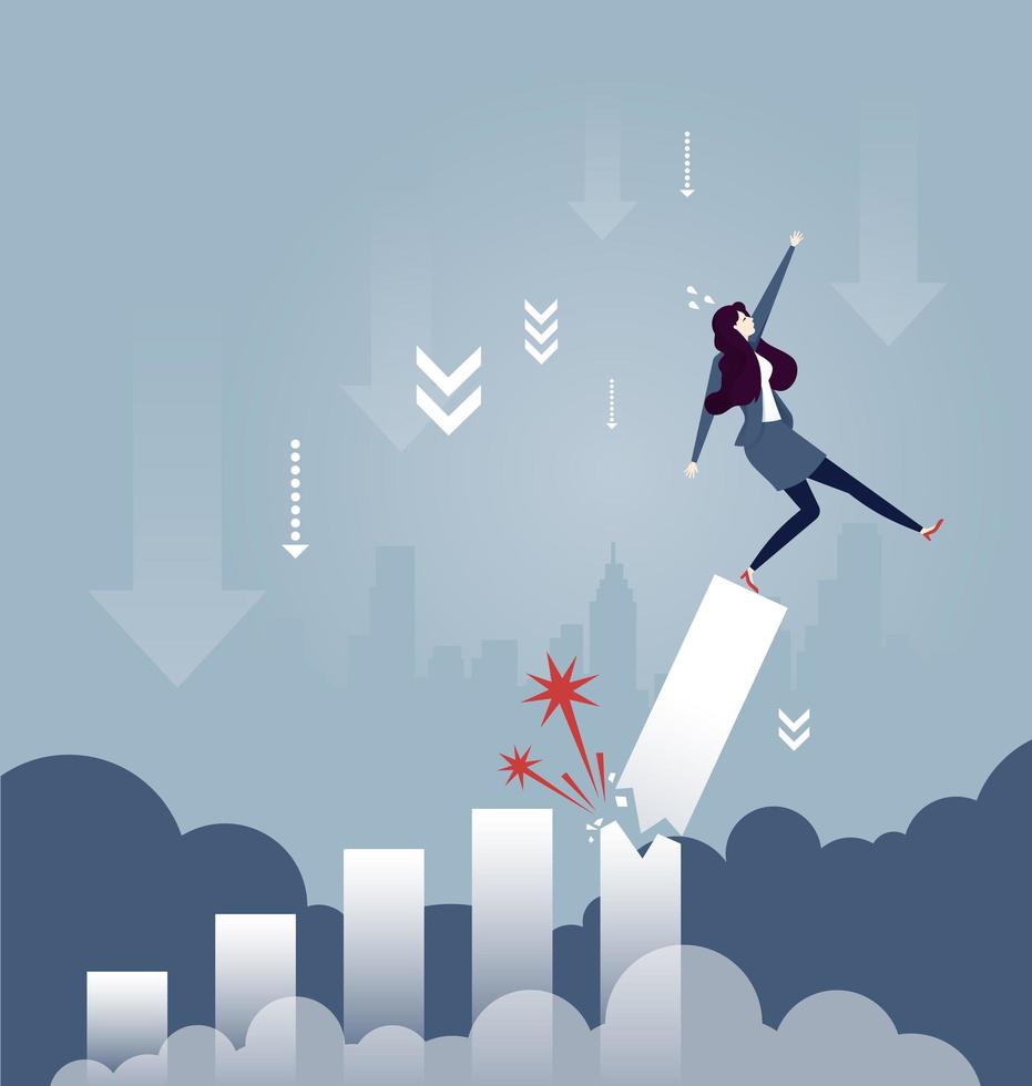 Businesswoman falling down from broken growth rate diagram - Business concept vector