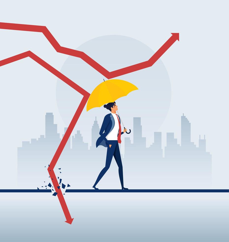 empresario sosteniendo paraguas proteger gráfico flecha vector