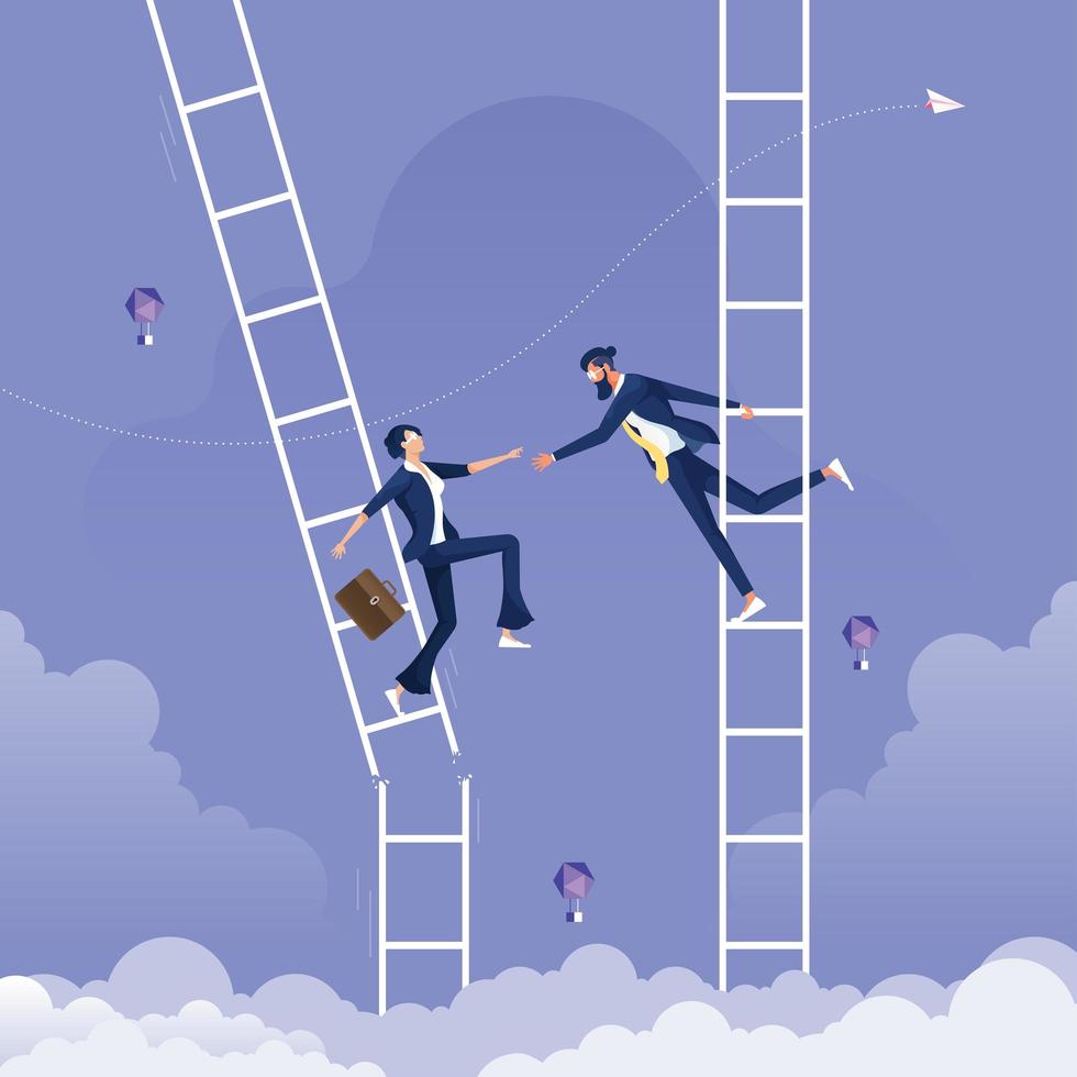 Businessman giving hand to help another businesswoman who is on broken ladder-Help and support concept vector