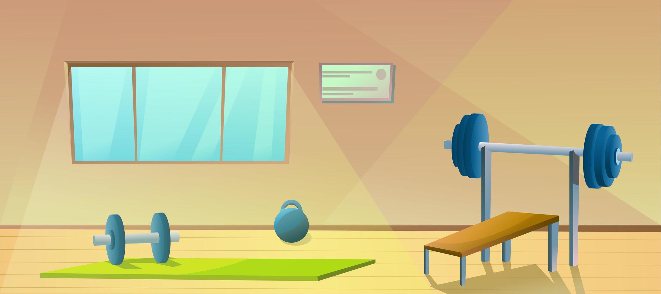 Gym with window. Sport interior with barbells. Healthy fitness room. Vector