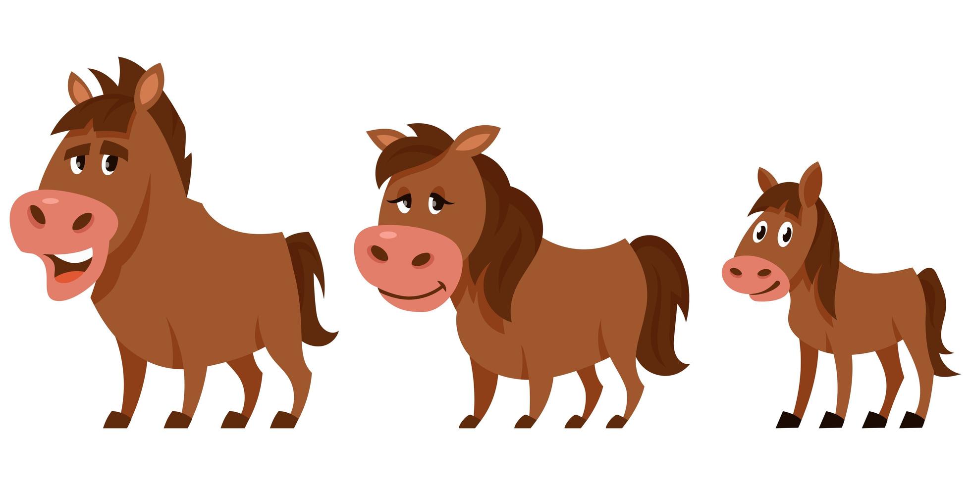 familia de caballos en estilo de dibujos animados. vector