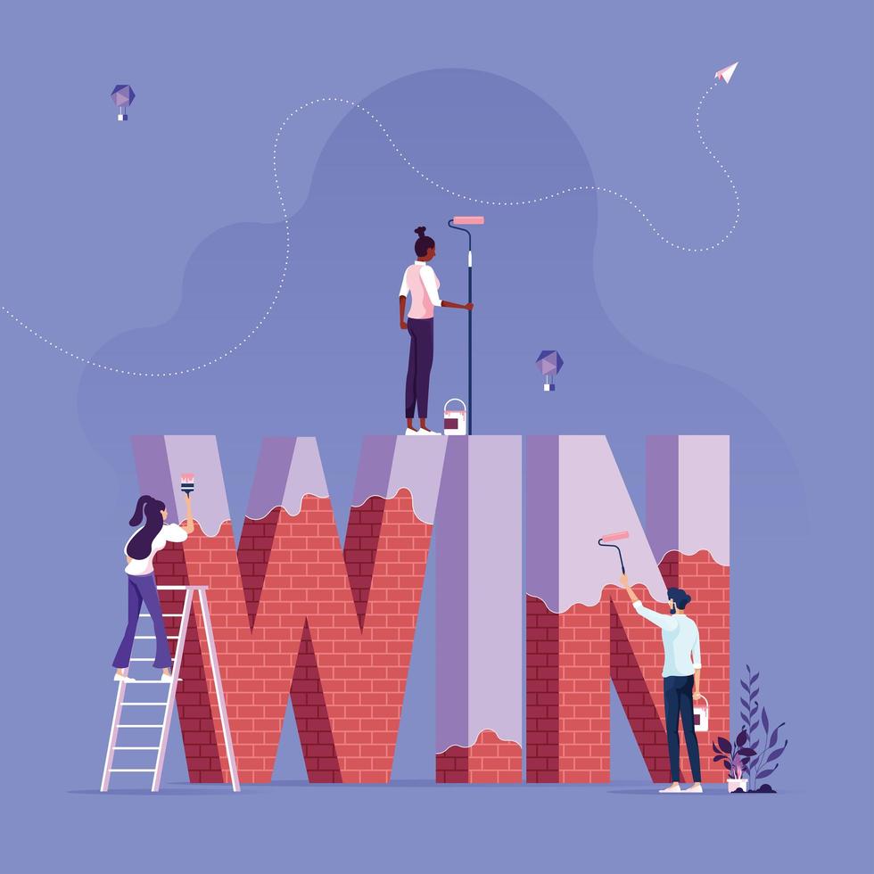 Business group builds and paints word win-Business success concept vector