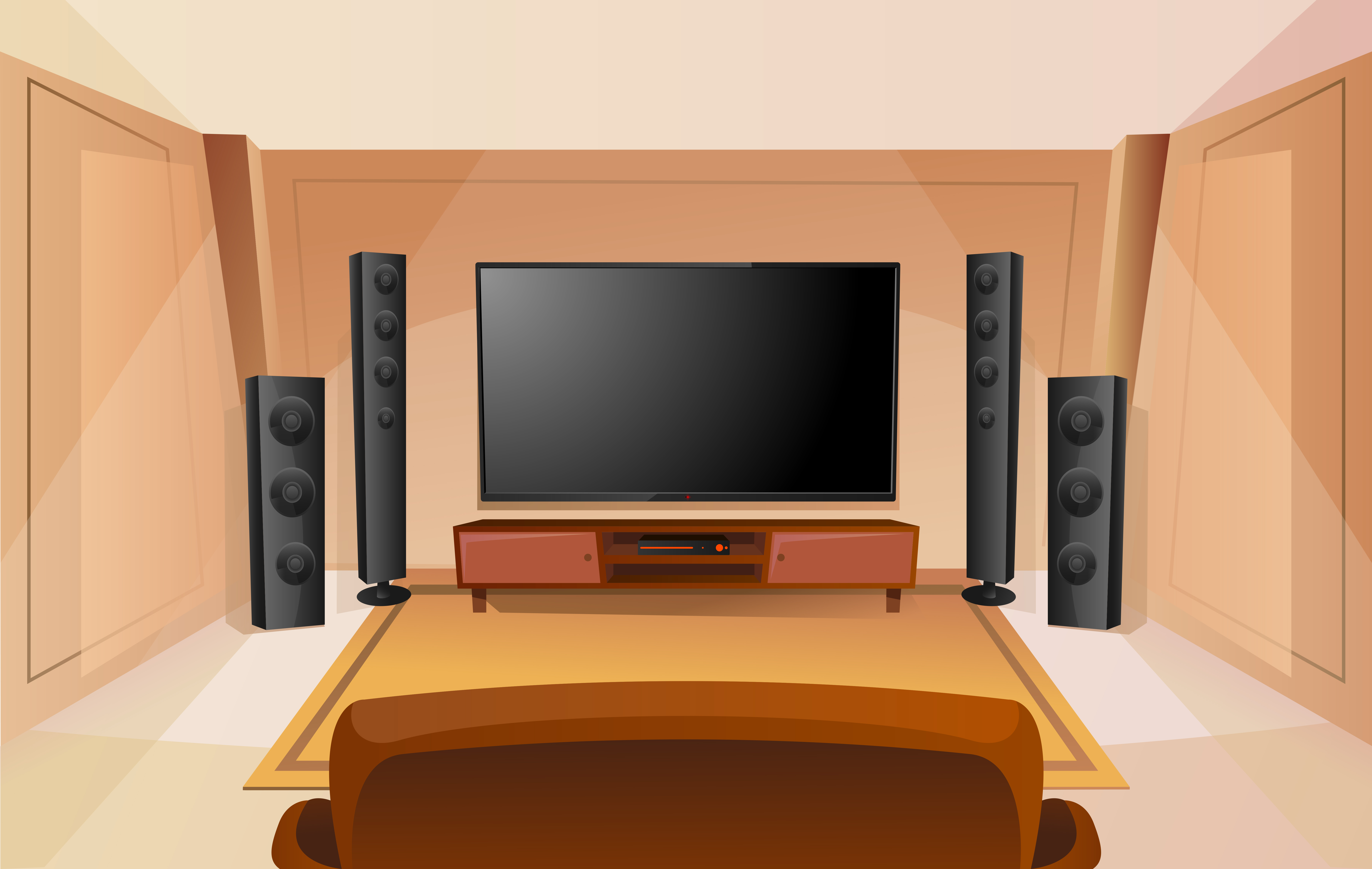 Home theater in cartoon style with big TV. Room with sofa. Modern interior.  Acoustic stereo sound. 1881578 Vector Art at Vecteezy