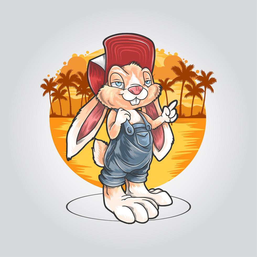 Conejo en verano con sombrero y cocotero en la playa ilustraciones vector