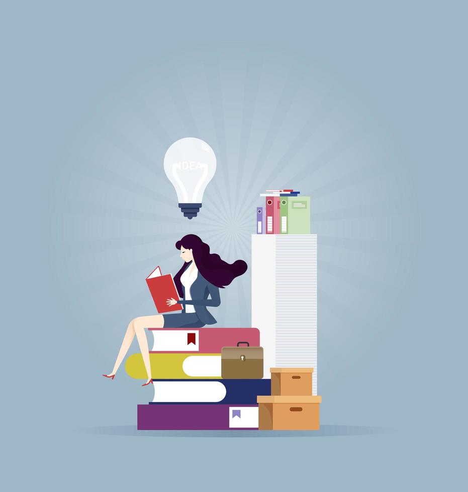 Businesswoman reading a book to find new idea - education concept vector