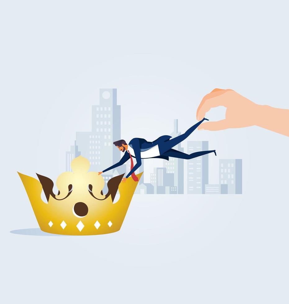 Businessman being dragged away from a crown by huge hand vector
