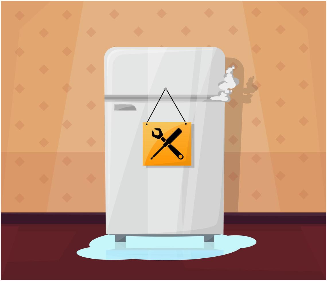 Broken fridge with water flowing out and smoke. Home interior. Sign repair. Vector illustration.