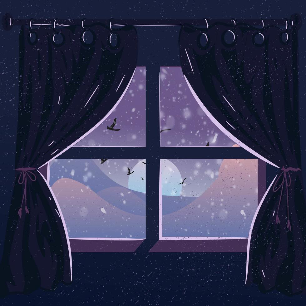 Twilight winter landscape seen through the window vector