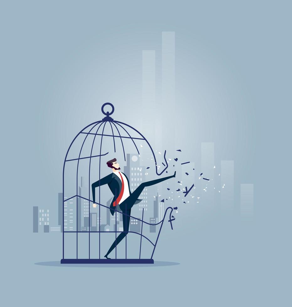 Businessman breaking out of large birdcage - Business concept vector