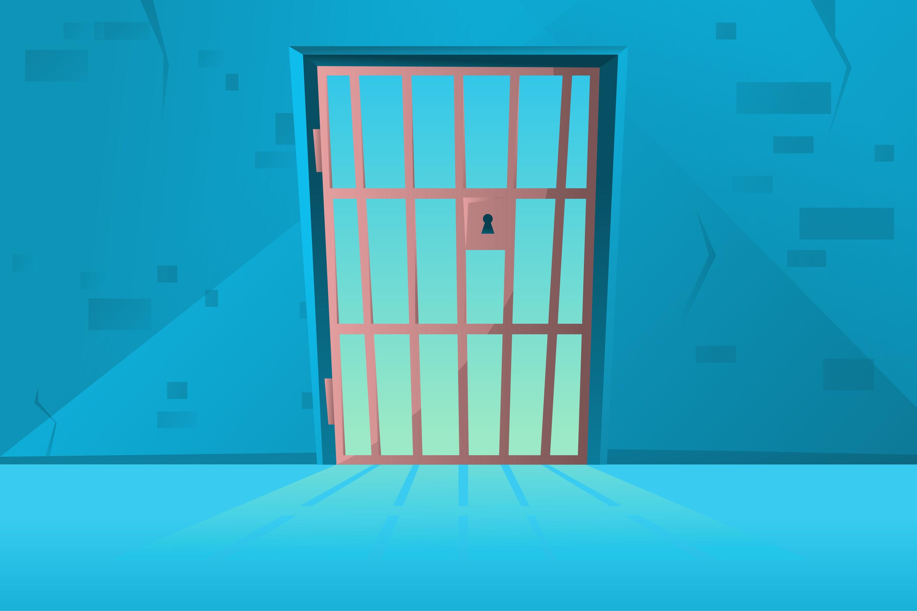Grid door in cartoon style. Corridor. Hallway Prison cell interior with