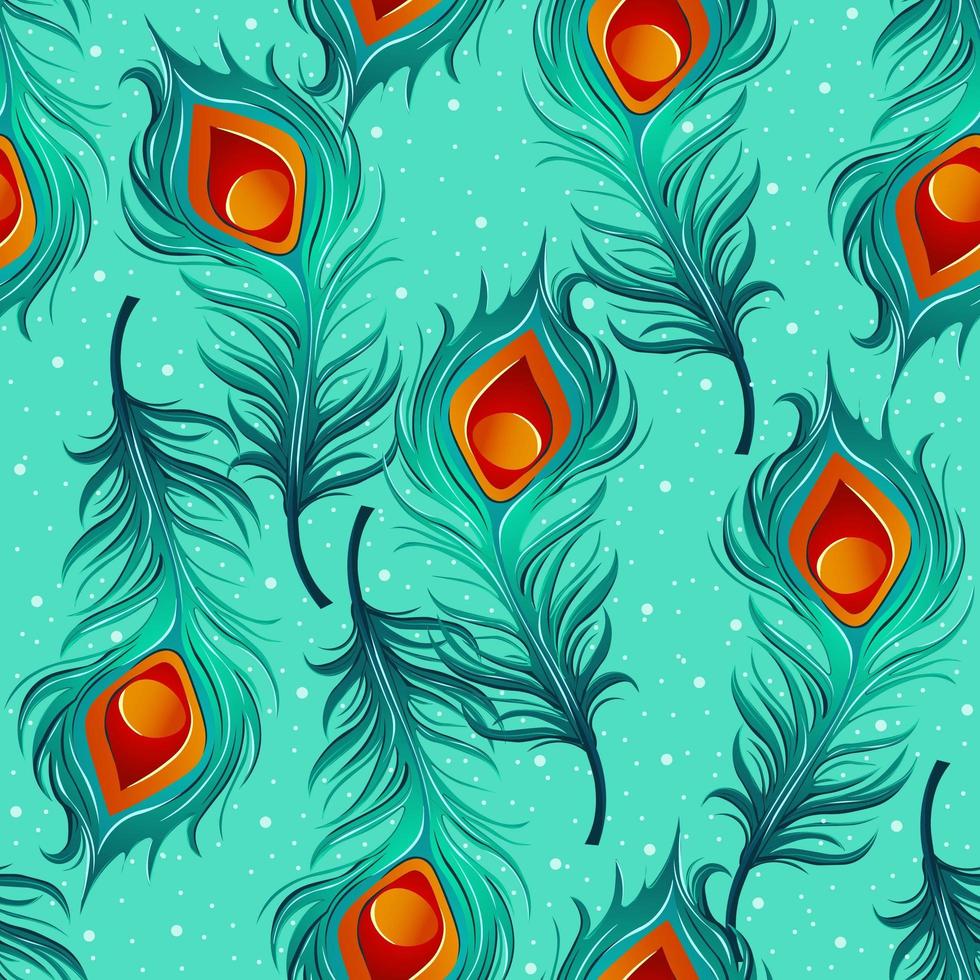 Peacock feathers in winter time with snowflakes falling, seasonal seamless pattern. vector