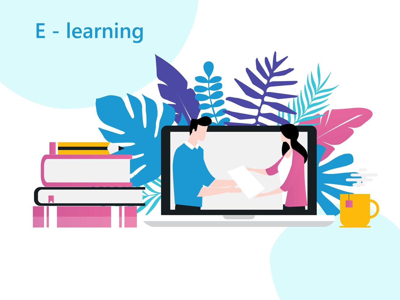 Online classes, online school, e-learning, home studying, distant education, virtual classroom vector