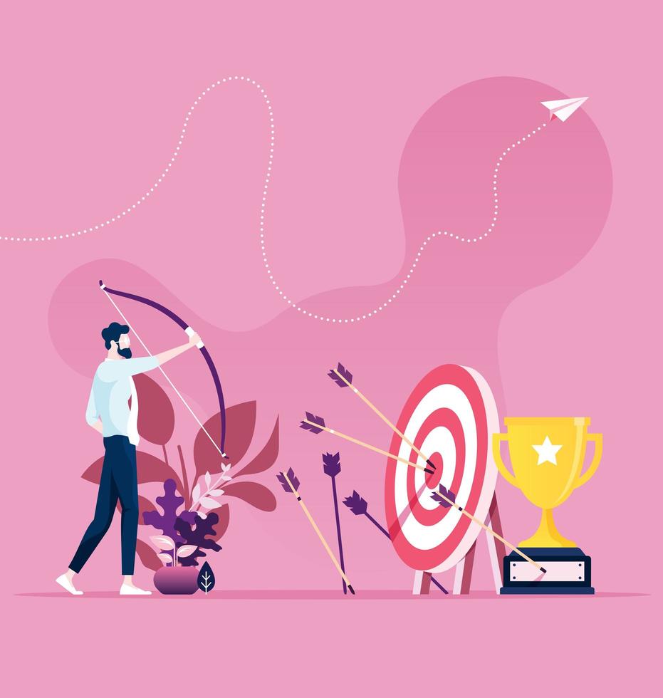 Businessman hitting the target with a bow and arrow vector