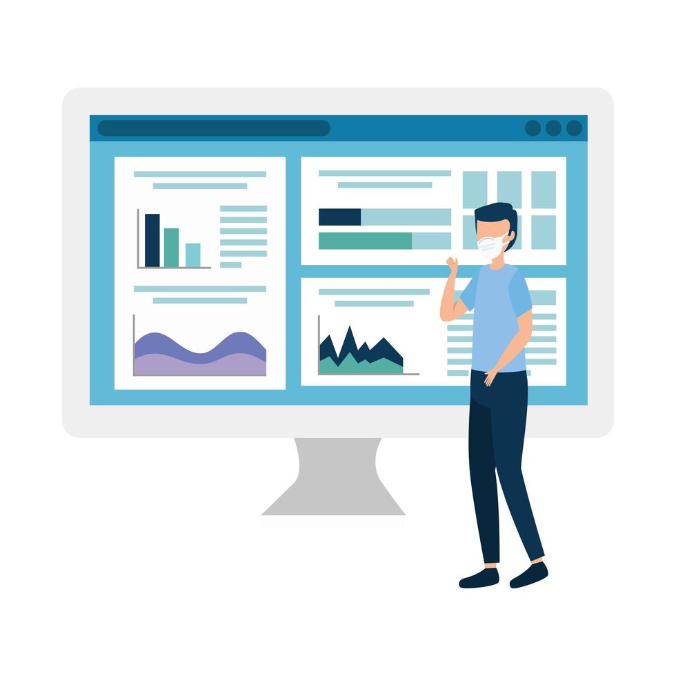 man using face mask with infographic report vector