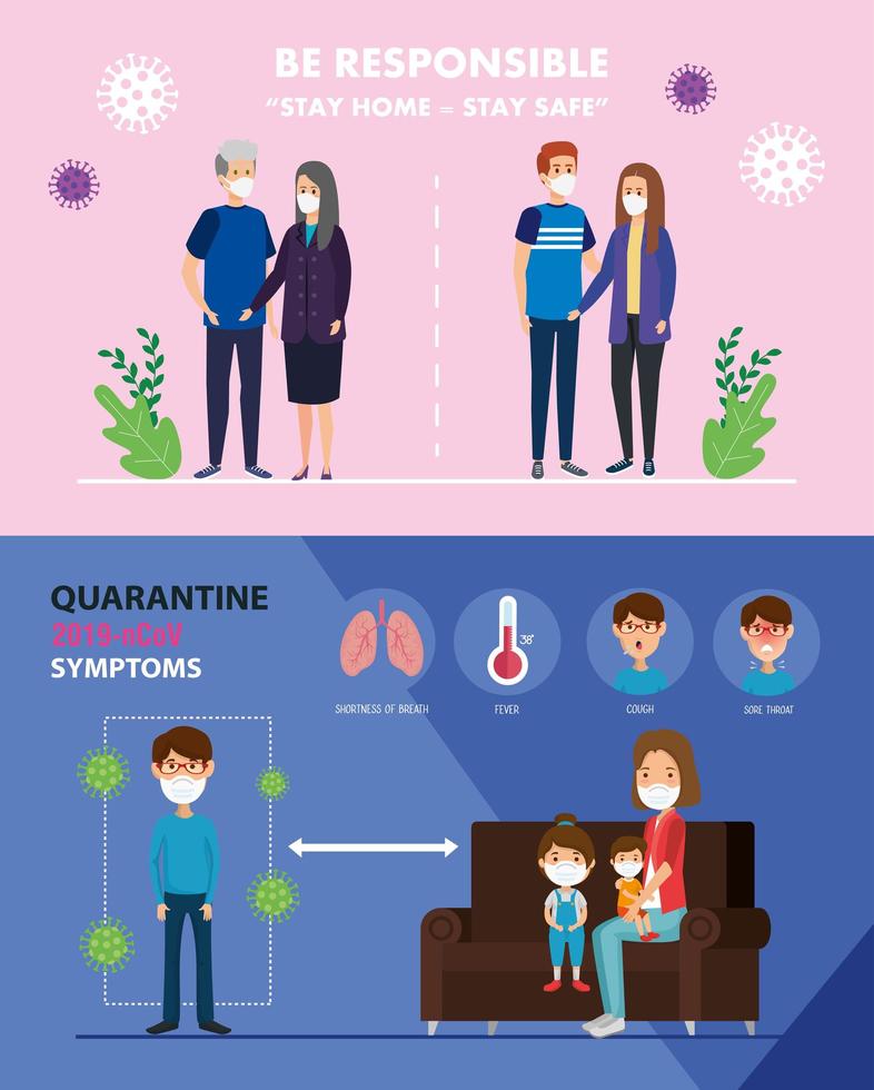 set scenes of stay at home campaign and symptoms of covid 19 vector