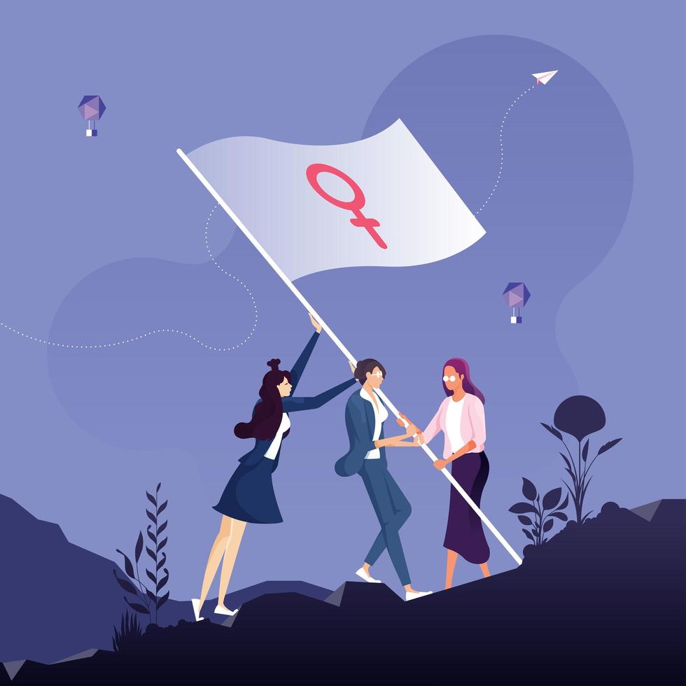 Woman power and feminism concept, group of females standing together and waving the flag with a Venus sign vector