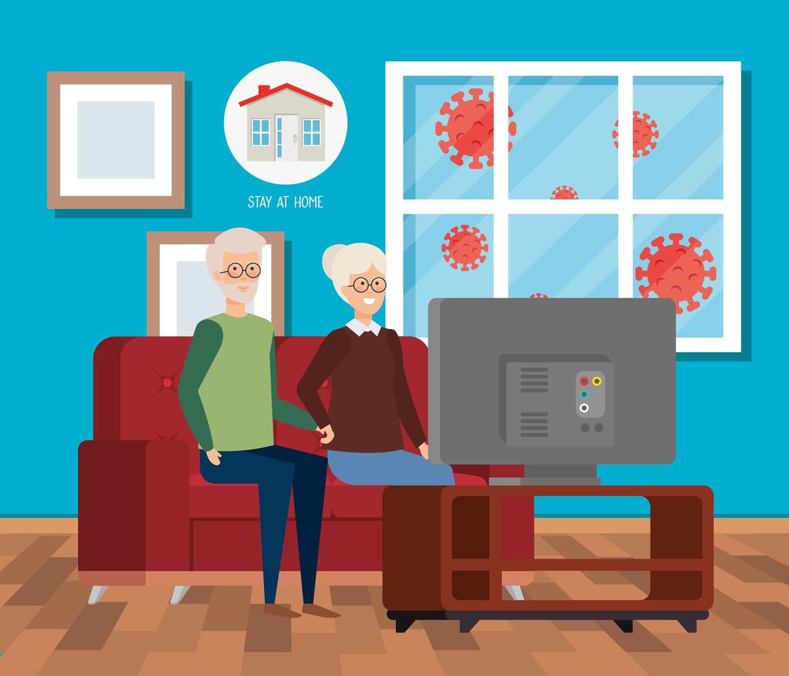 stay at home campaign with old couple watching tv vector