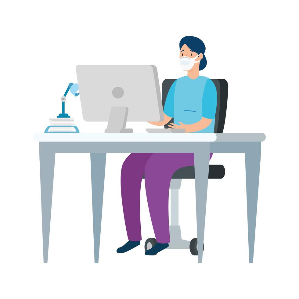 young woman using face mask in workplace vector