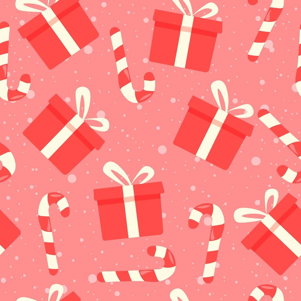 Winter holiday seamless pattern with gift boxes and sugar cane. vector