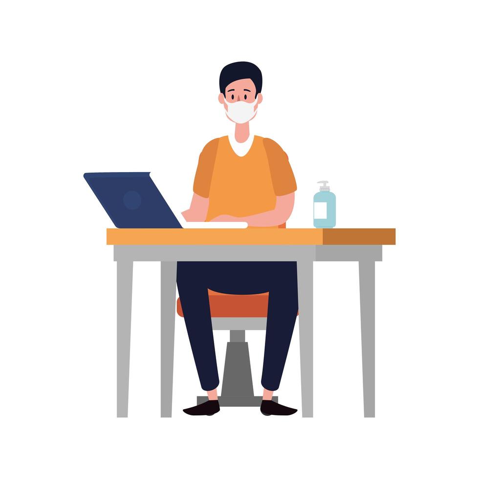 young man using face mask in workplace vector