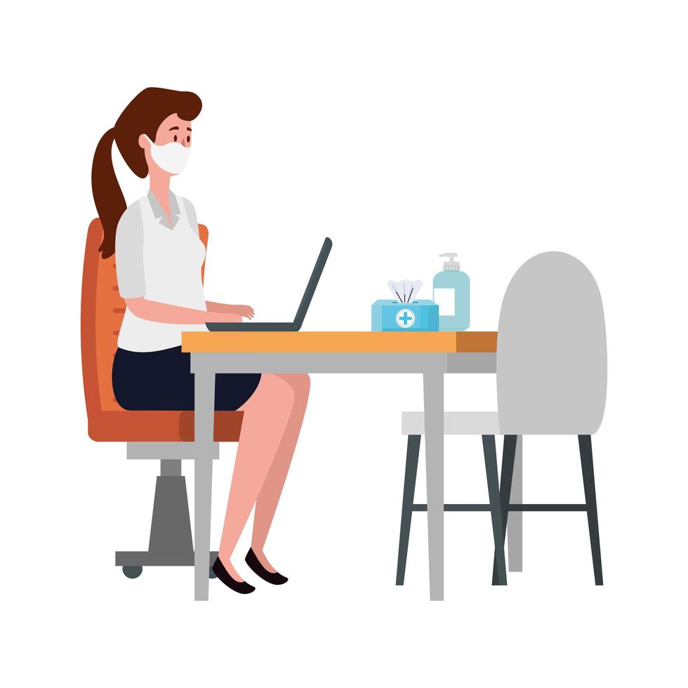 young woman using face mask in workplace vector