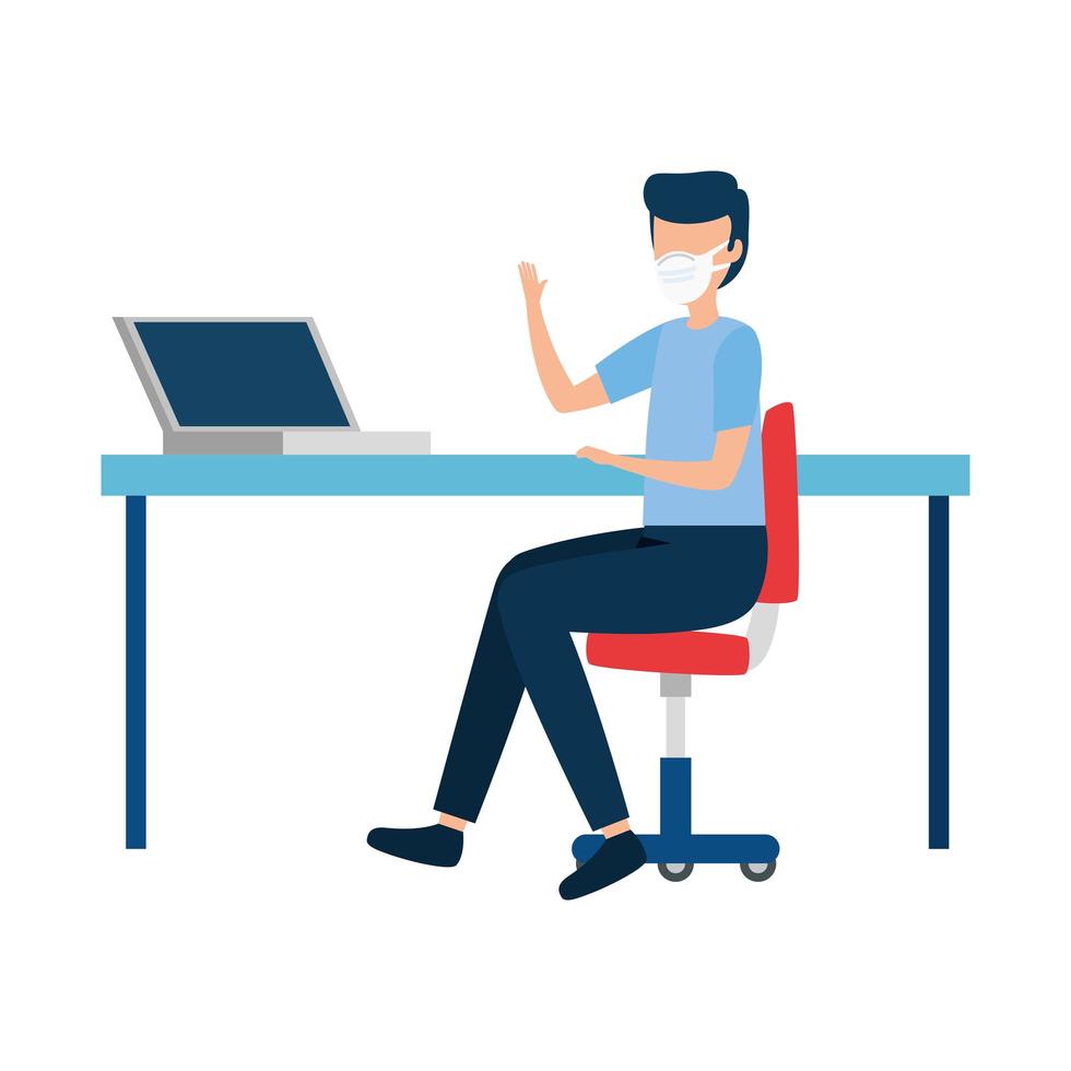 young man using face mask in workplace vector