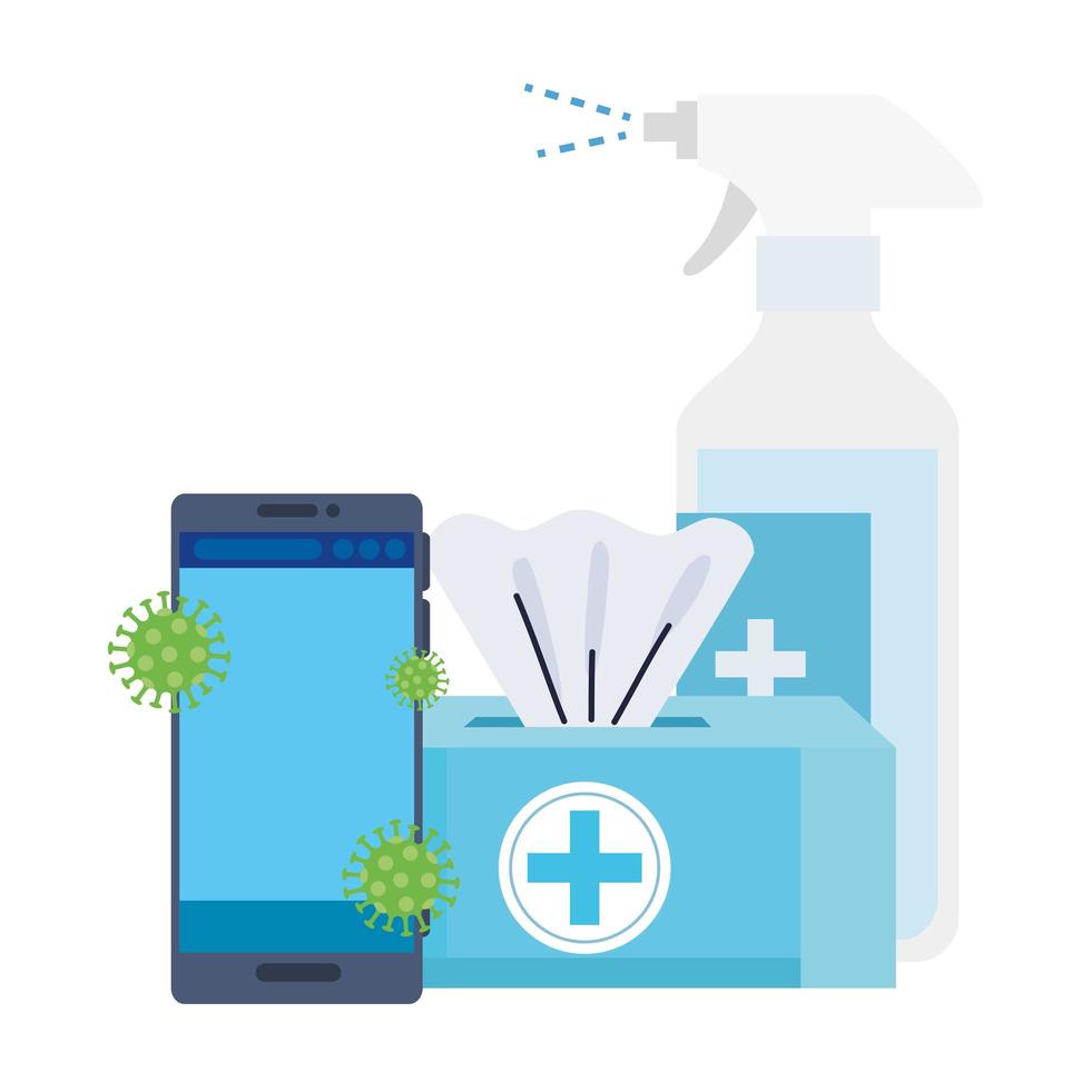 prevention spray bottle covid 19 with smartphone and tissue box vector
