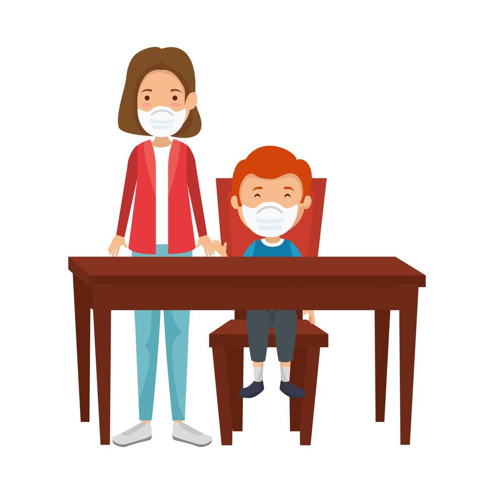 mother with son using face mask in wooden table vector