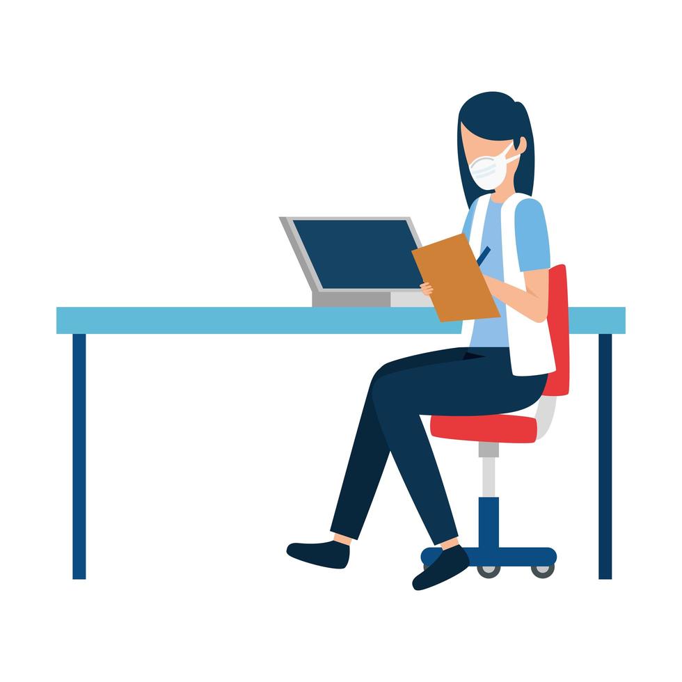 young woman using face mask in workplace vector