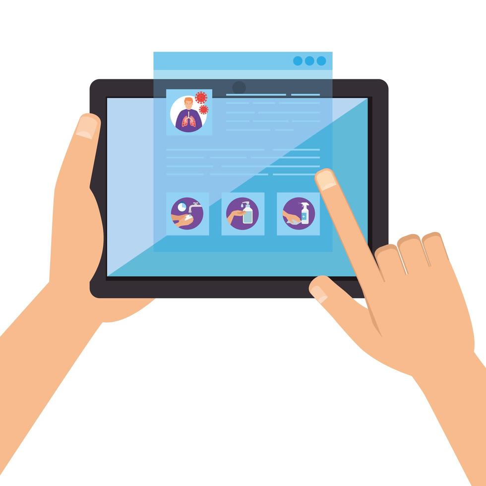 searching covid 19 information online in tablet device vector