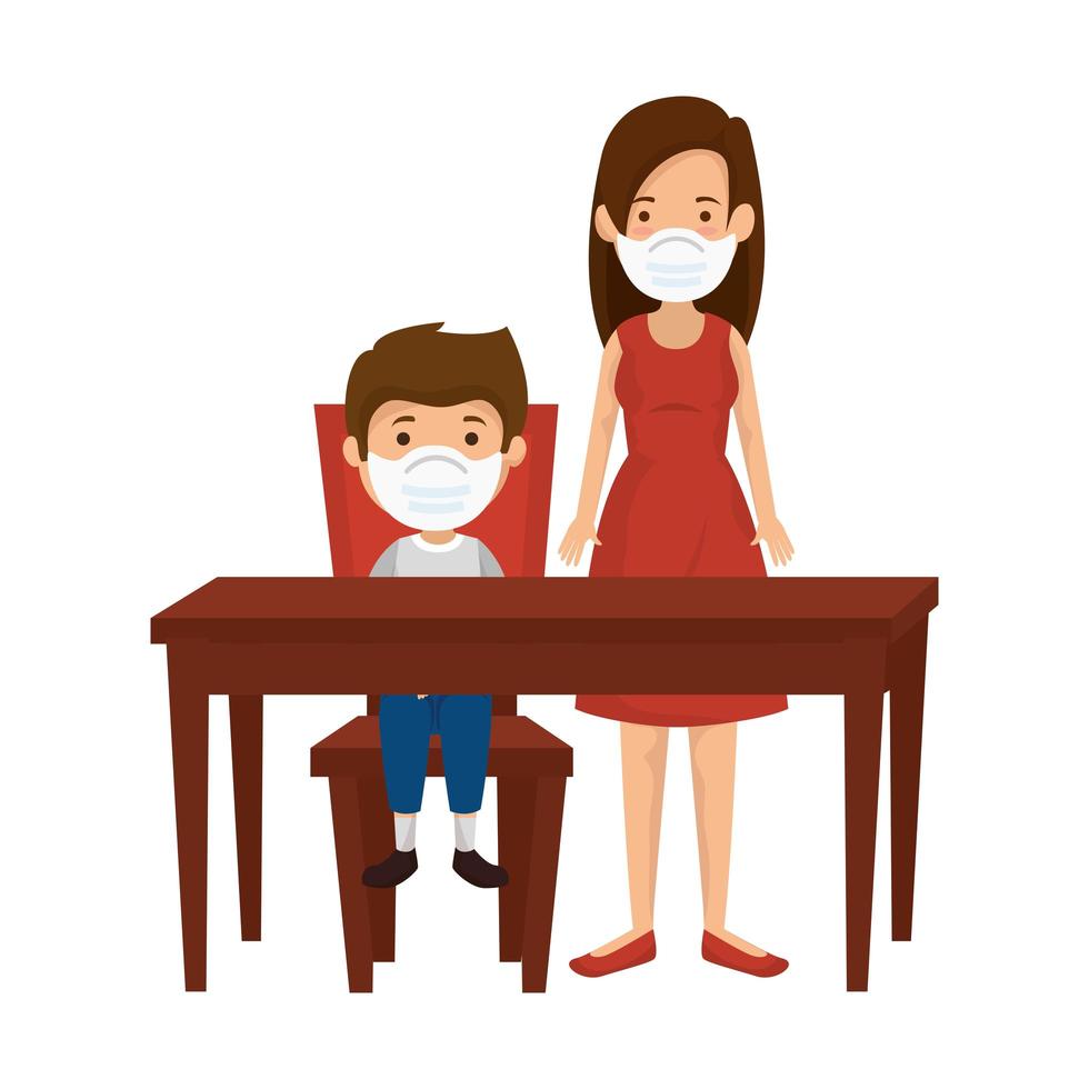 mother with son using face mask in wooden table vector