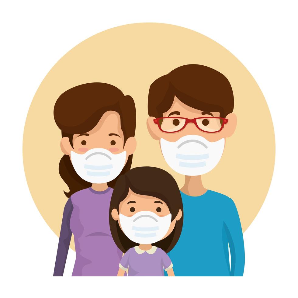 parents with daughter using face mask in frame circular vector
