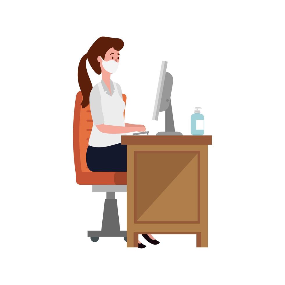 young woman using face mask in workplace vector