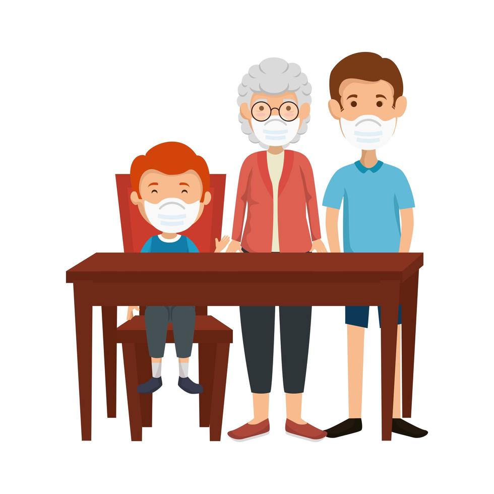 cute family members using face mask in wooden table vector