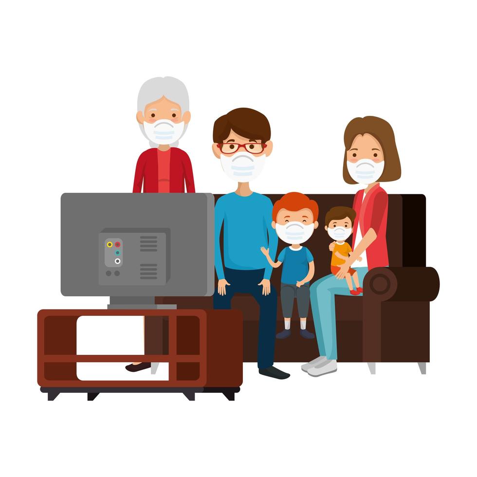 cute family members using face mask watching tv vector