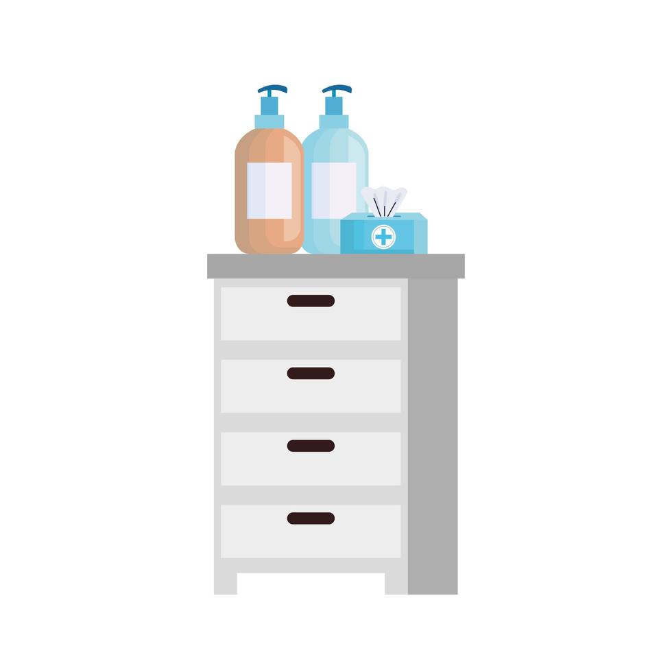 drawer with bottles sanitizer and tissue box vector