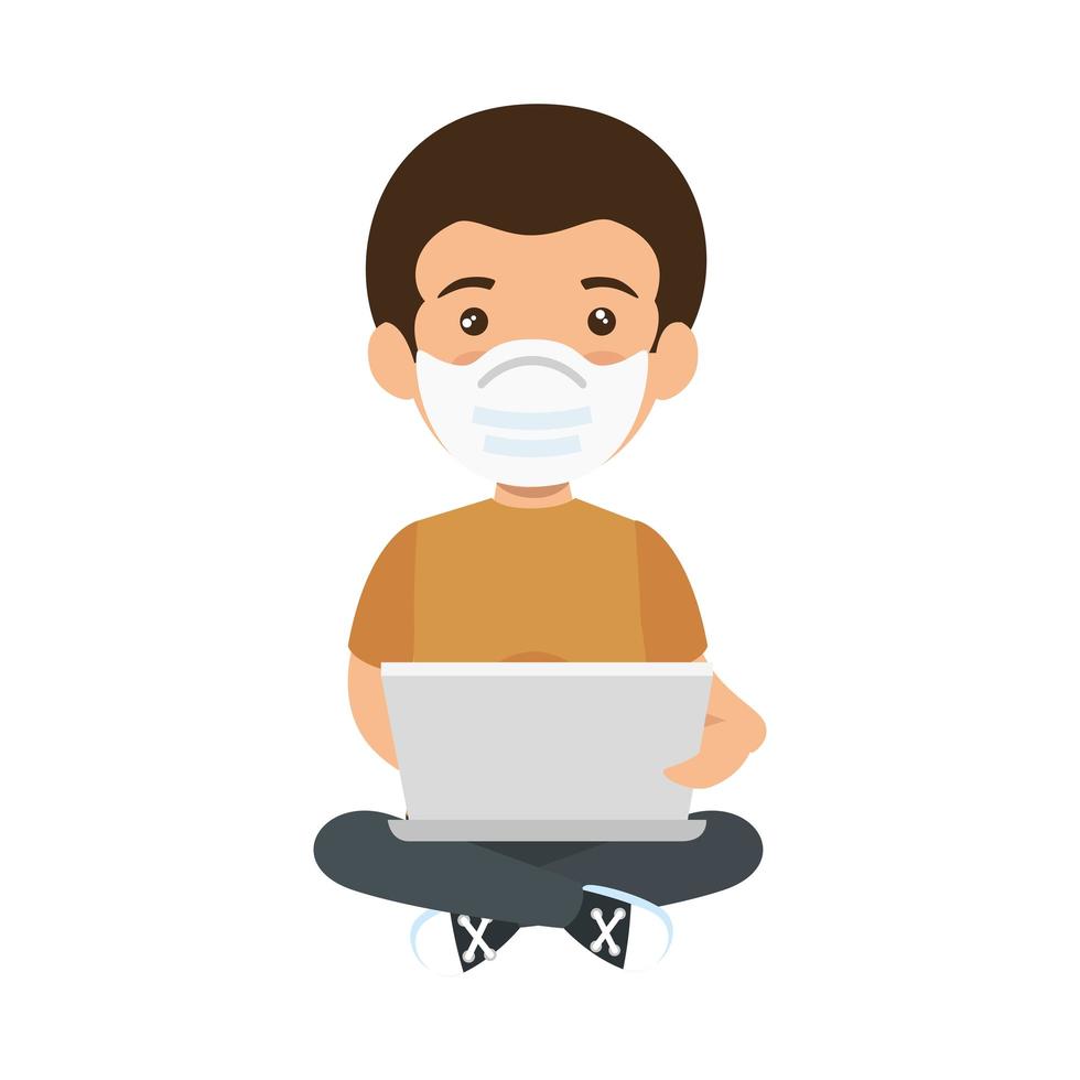 man using face mask with laptop computer vector